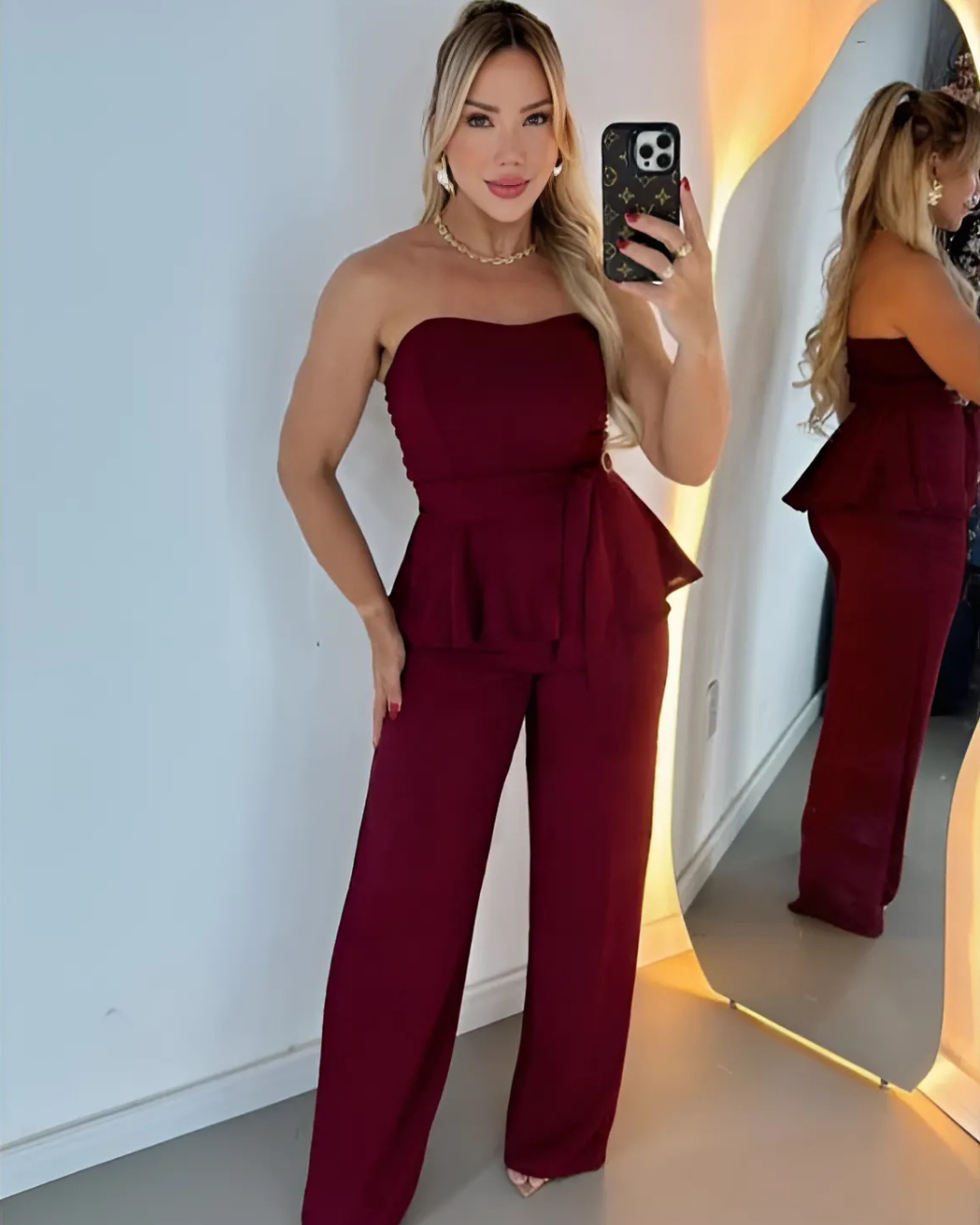 Conjunto Elegance™ – Pantalona com Blusa Tomara que Caia em Crepe Dunna