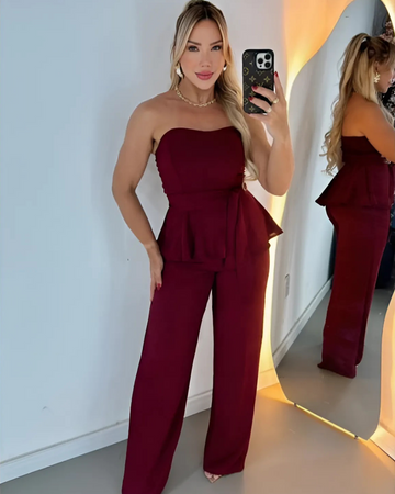 Conjunto Elegance™ – Pantalona com Blusa Tomara que Caia em Crepe Dunna